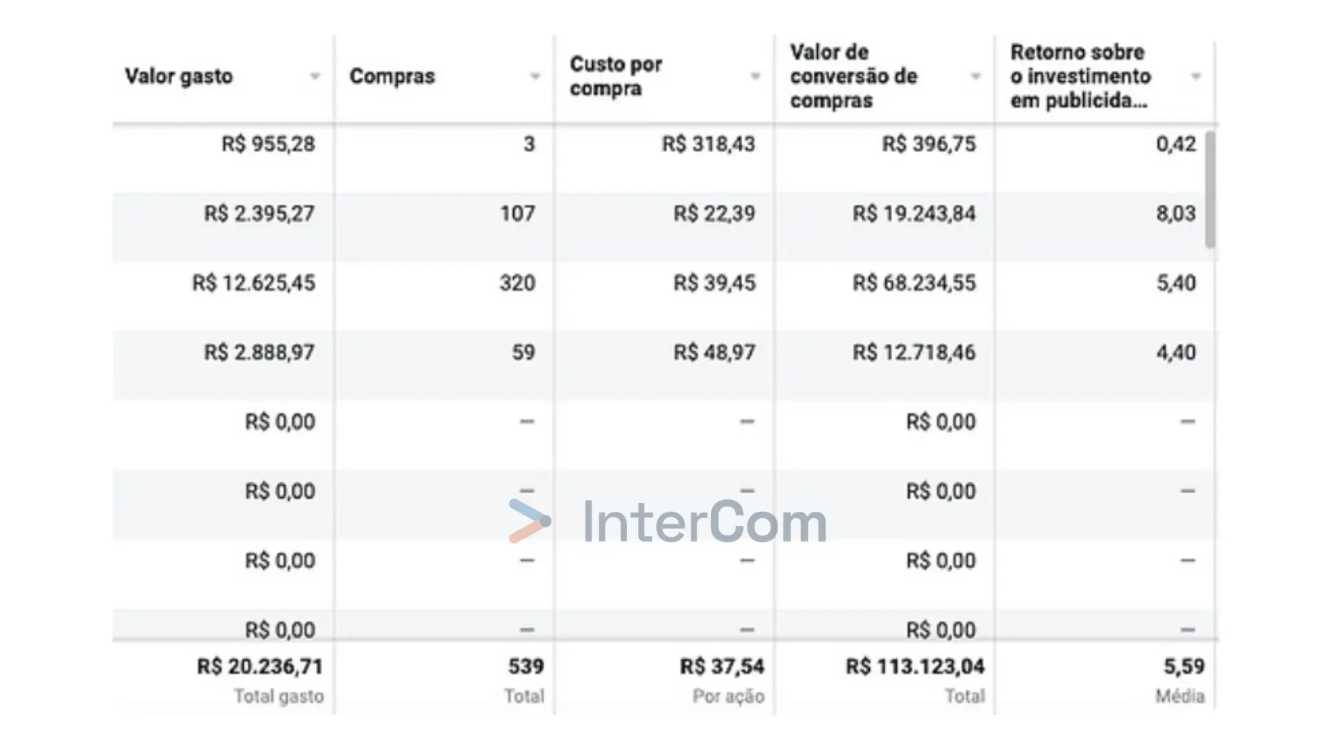 Relatório com R$ 113.123 em conversão e 539 compras