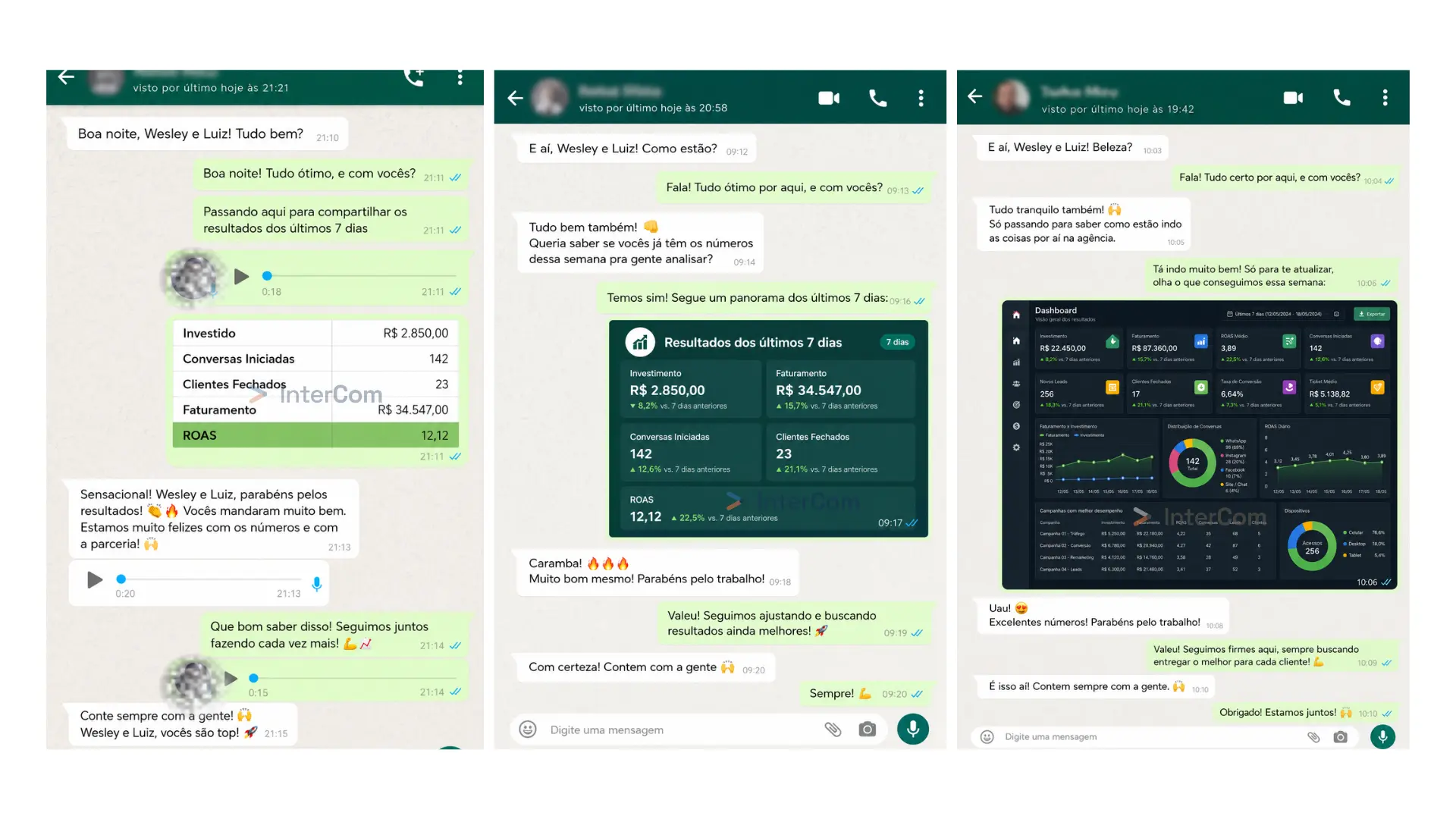 Prints de conversas no WhatsApp com clientes comemorando resultados de campanha