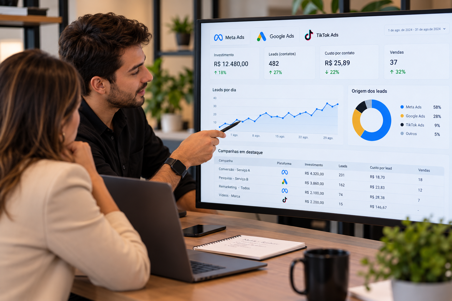 Gestor de tráfego mostrando o painel de resultados das campanhas a uma empresária