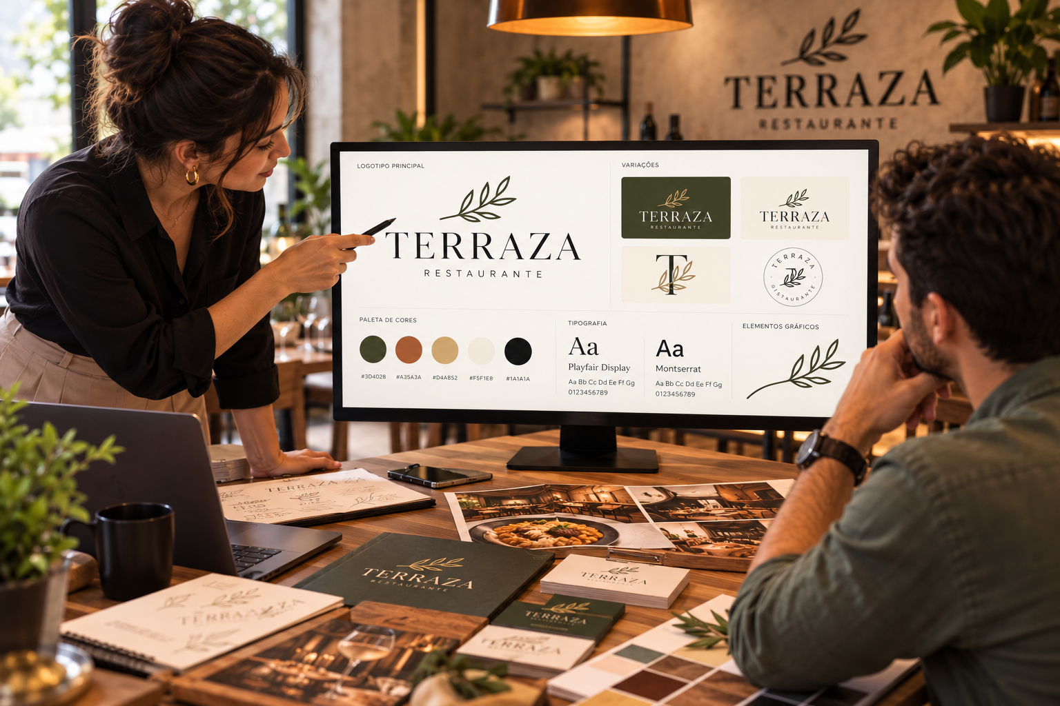 Chef e proprietário comparando propostas de logotipo para o restaurante sobre uma mesa
