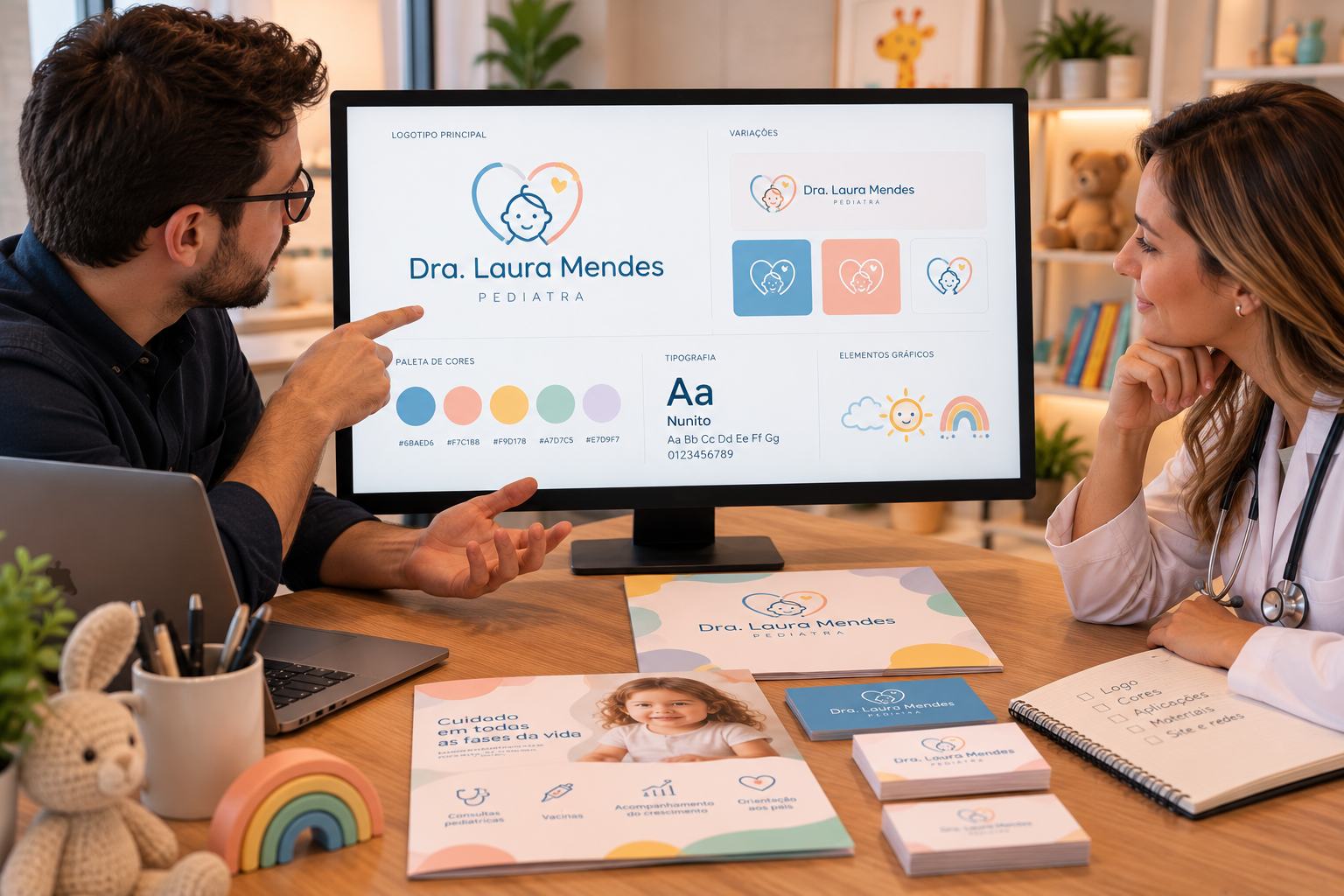 Pediatra analisando com um designer as opções de logotipo e paleta de cores do seu consultório