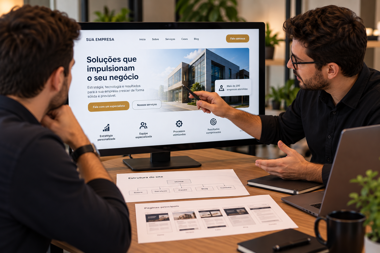 Empresário analisando a proposta de um novo site com um profissional de criação de sites