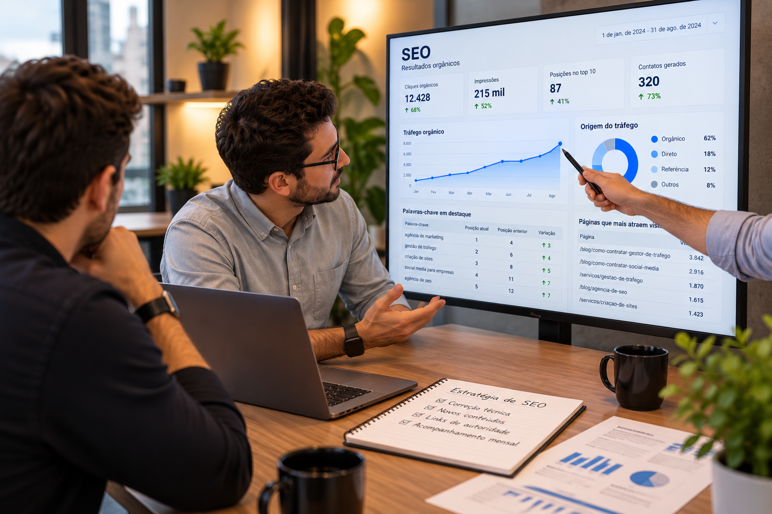 Profissional de SEO apresentando a um empresário o relatório de posições e visitas do site