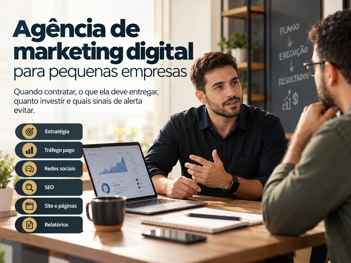 Dono de pequena empresa conversando com um consultor de marketing sobre o plano de ações do negócio