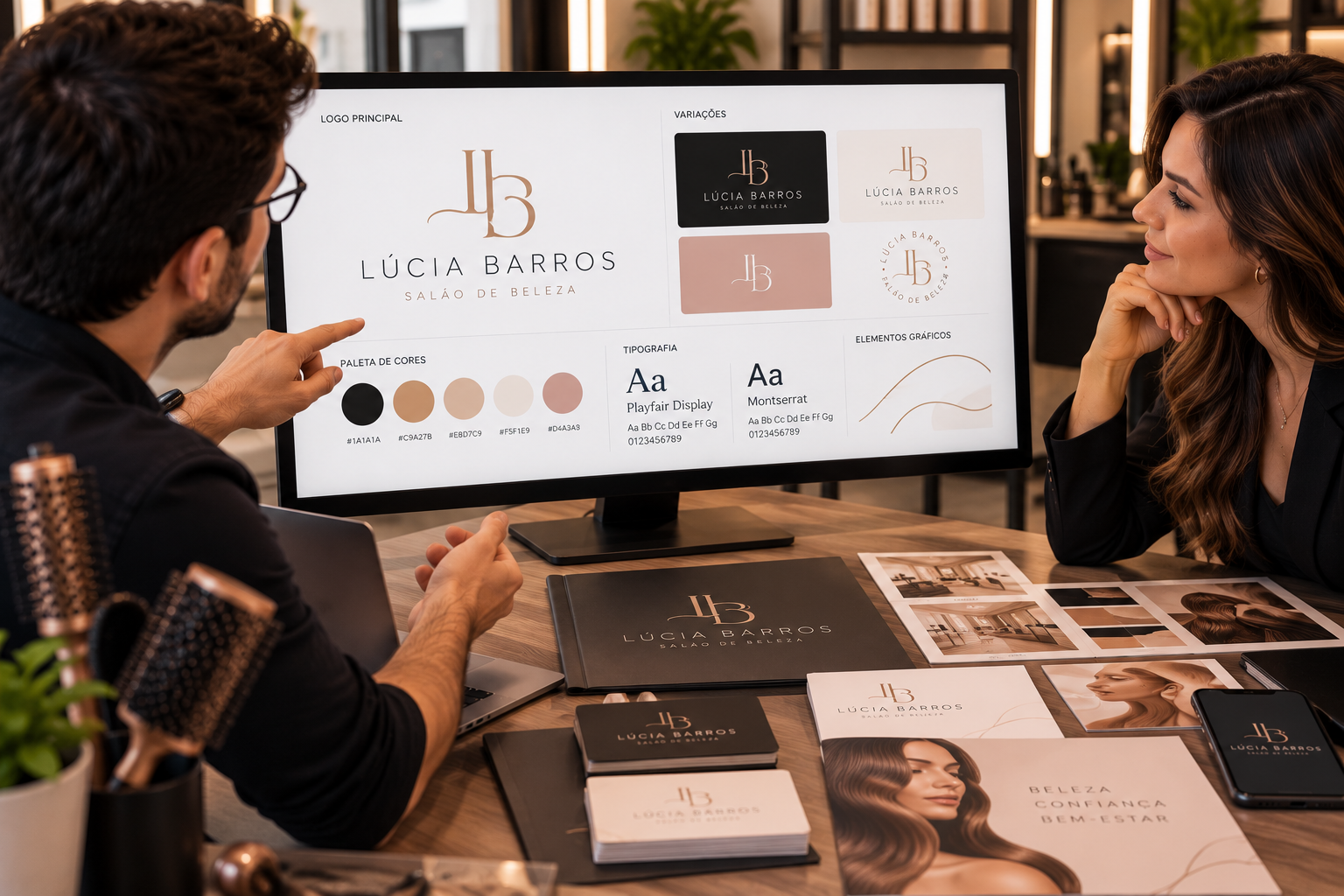 Proprietária de salão de beleza escolhendo entre propostas de logo com uma designer