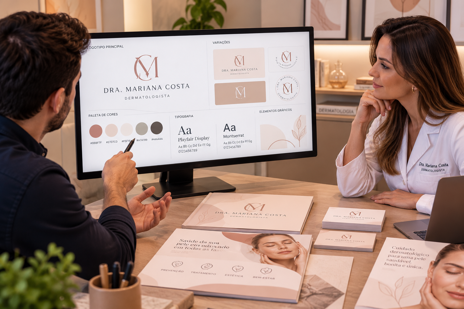 Dermatologista analisando com um designer as opções de logotipo e paleta de cores da sua clínica