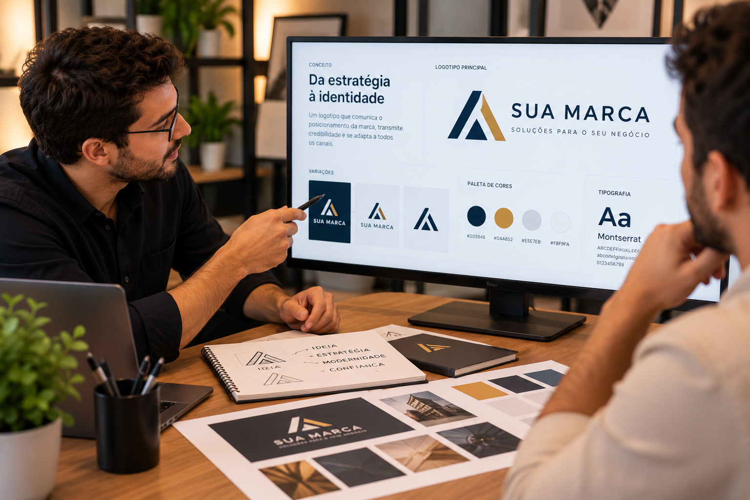 Designer apresentando propostas de logotipo a um empresário em uma mesa de reunião